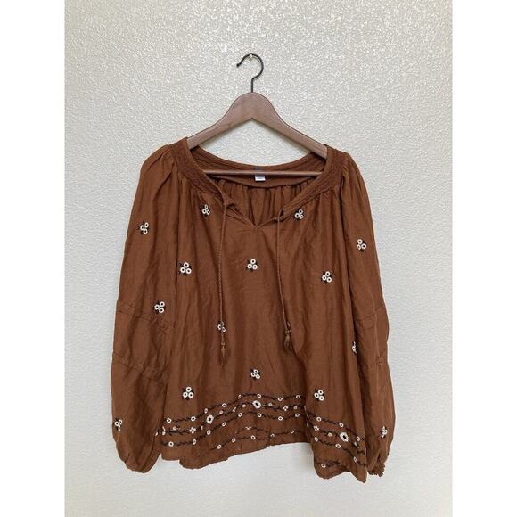 Old Navy Brown Peasant Blouse with White Floral Embroidery - Picture 1 of 6